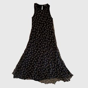 Et Vous Fine Silk Black Silk Chiffon Tan Floral Print High Neck Bias Maxi Dress